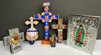 Religious Lot # 2 Folk Art Made In Mexico 4 Crosses, Holy Water Font, Our Lady Of Guadalupe Tin Box Painted