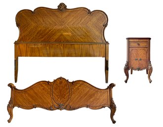 Burled Walnut Verneer Head And Footboard With Frame And Nightstand