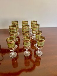 Vintage Starlyte Gold And Green Banded Cordial & Wine Glasses