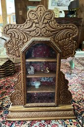 A Small Beautiful Antique Covered Glass Cabinet With Four Shelves Inside The Cabinet.