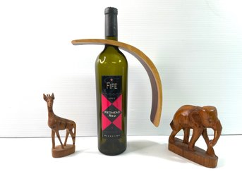 African Hand Carved Wood Figurines - Curved Wine Bottle Stand Rack Display Magic Balancing