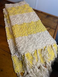 Vintage Yellow And White Afghan With Fringe- Twin Size By Domain