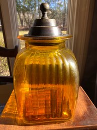 Vintage Yellow Gold Glass Container Cookie Jar With Top.