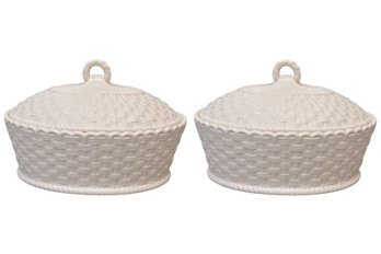 NEW! Pair Of Belleek Basket Weave Covered Dishes