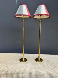 Pair Of Brass Floor Lamps With Striped Embellished Shades