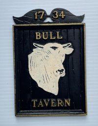 Metal Bull Tavern Black And Gold Painted Sign- Marked 11 79 EMIG