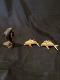 3 Wooden Carved Dolphins