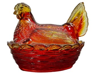 Vintage Amberina Glass Hen On Nest Covered Dish - Unmarked