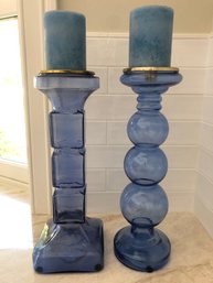 Unusual Blue Glass Candlestick Holders