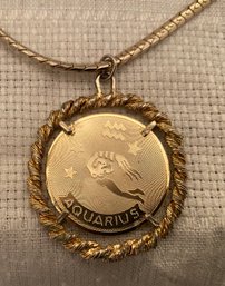 Vintage Mid Century Les Bernard Inc Aquarius Zodiac Necklace Medallion Pendant Gold Tone Chonky
