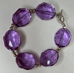 Vintage Sterling Silver 925 & Purple Glass Faceted Stones Bracelet 8.5 Inches Long X 3/4 Inches Wide - Chunky