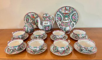 Vintage Chinese Famille Rose Medallion Hand Painted Porcelain Tea Set Decorated In Hong Kong