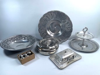 Serving Metals - Edwardian Butter Dish , Fruit Bowl , Spice Tin, Cake .Cupcake Tier Platter .Salt And Pepper