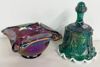 Lot Of Iridescent Fenton Glass: 1 Purple Bowl & 1 Green Bell
