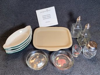 Pampered Chef Stoneware Oval Ceramic Serving Boats Oil & Vinegar Cruet Cheese Shaker Measuring Shot Glass
