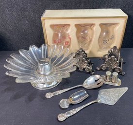 Assortment Of Serving Utensils, W.A Italy Silverplate, Lenox Glasses, Glass Serving Platter