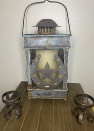 Small Iron Candle Holders And Horseshoe Lantern