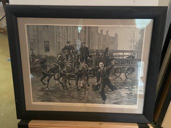 Framed Wood Engraving Of Firefighters