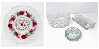 Vintage Cut Glass Trio And Vintage Fruit Glass Plate