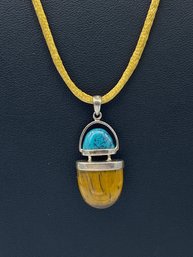 Impressive Tiger Eye & Turquoise Sterling Silver Pendant Necklace