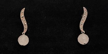 Vintage Sterling Silver Pierced Dangle Earrings - Marcasite Faceted Milky Opalescent Bead - 1 1/8 Inch Long