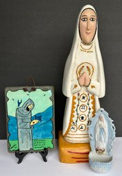 Religious Lot # 1 ALL Signed -1993 Modern Retablo-Holy Water Font , 17' H Carved Wooden & Painted Blessed Mary