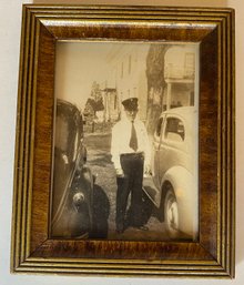 Vintage 1941 Framed 3x4 Photo - Man Wearing Hat - Between 2 Cars -  Bus Driver Streetcar Conductor- Inspector