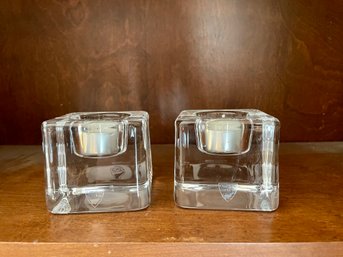 Pair Of Square Orrefors Crystal Votive Holders