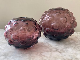 Pair Of Vintage Purple Glass Bubble Vases