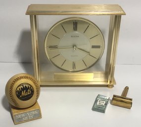 Bulova Clock, Gillette Razor & Mets Wooden Ball All In One Lot