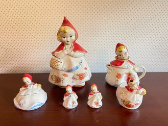 Antique Ceramic Little Red Riding Hood Cookie Jar, Tea Pot, Creamer And Sugar, Salt And Pepper Set