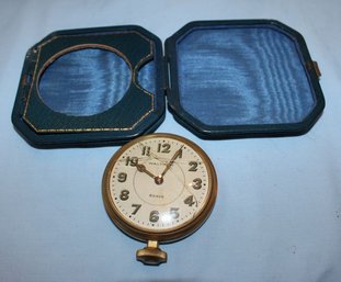 Antique 1920s Waltham 8 Day Car Clock With Leather Case, Crystal Cracked