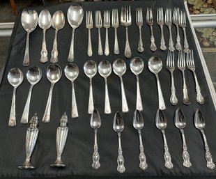 Vintage Assorted Makers Silver Plated Spoons Forks And Silver Plated Salt & Pepper Shakers         C4