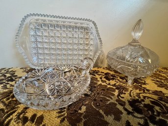 Clear Glass Tray, Covered Candy Dish, Nappy, All Pressed Glass