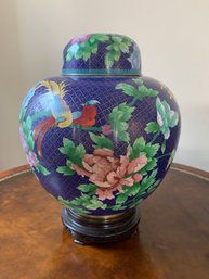 Vintage Bronze Chinese Cloisonne Ginger Jar/Urn/ Vase In Rich Royal Blue & Red Beautiful Condition!!!