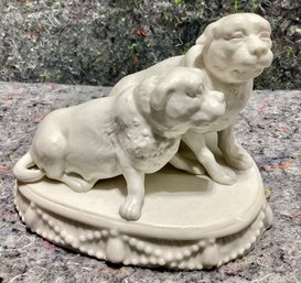 Glazed Parian Ware Dog Group On Oval Bead Draped Base ?pugs