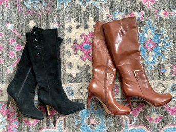 Lot Of Two Boots, Cole Haan Black Suede And Nine West Brown Leather, Sizes 6.5 And 7.5