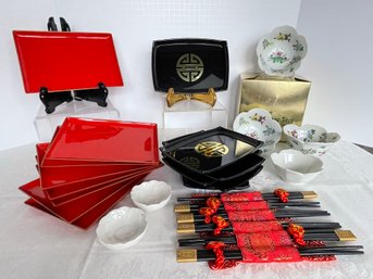 Great Sushi Serving Lot- (some New) Plates, Bowls, Chopsticks