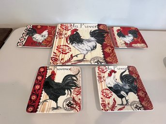 Jennifer Brinley Ceramic Rooster Serving Platter With 4 Plates
