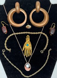 Vintage Lot BoHo Copper Gold Tone - Stone Earrings - Bracelets - Good Luck Hamsa Hand Pendant Brooch - Unicorn