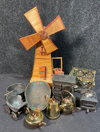 Lot Of Miniature Metal Objects, Made In England Brass Tea Kettles And Pitchers, Wooden Windmill Match Set