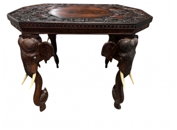 Lovely Octagonal Anglo Indian Style Carved Wood Table With Elephant Embellished Leg Accents