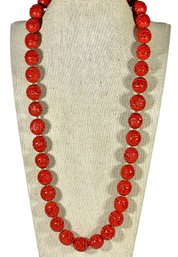 Chinese Carved Cinnabar 24 Beaded Necklace In Red