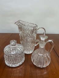 Pressed Glass Decanter, Crystal Pitcher & Lidded Sugar Bowl