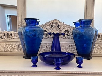 Cobalt Blue Vases, Center Bowl, With 3 Chicken Toothpick Holders