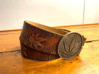 Vintage Hippie Pot Leaf Leather  Belt And Buckle