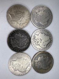 Lot Of Six (6) US Silver Dollars - 5 Morgan - 1901 - 1901 - 1884 - 1879 - 1900 - 1 Eagle (1924) - See Photos