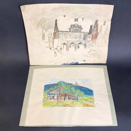 Vintage Watercolors Clock Building And Farm With Mountain