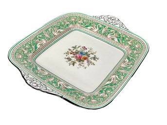 Wedgewood, Florentine Green Porcelain Square Cake Plate With Handles & Center Floral Design. Made In England