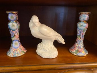 Pair Enamel Candlesticks And White Ceramic Dove